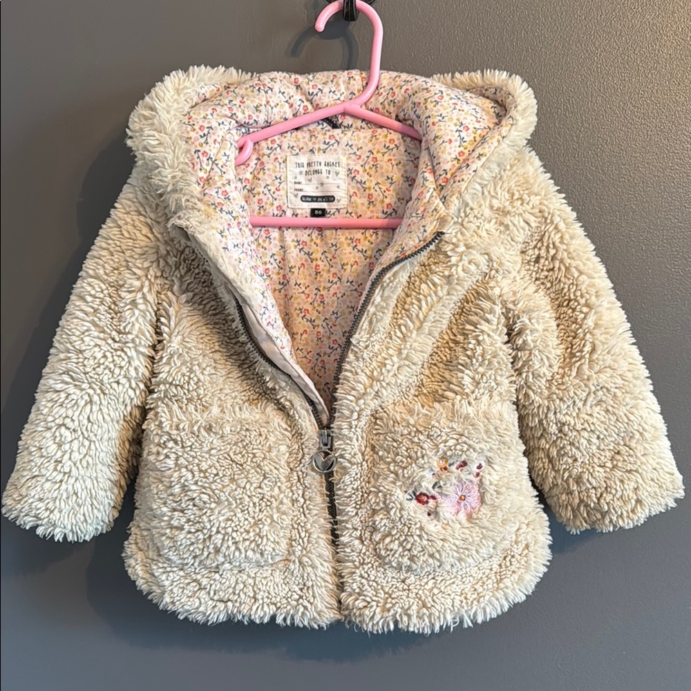Cream Warm Jacket with Teddybear Hood and Fluffy Texture